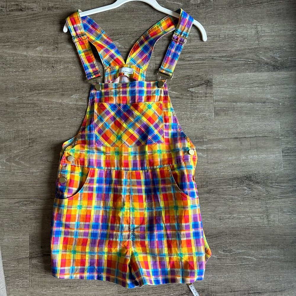 WeWoreWhat Rainbow Multicolor Plaid Short Overalls with gold button details